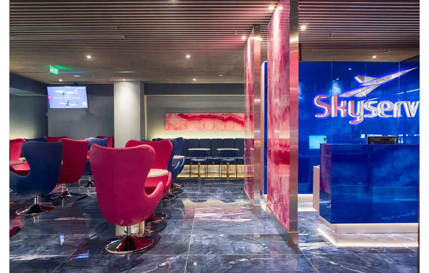 sala-d-attesa-con-poltrone-rosa-e-vetrate-della-sky-express-lounge